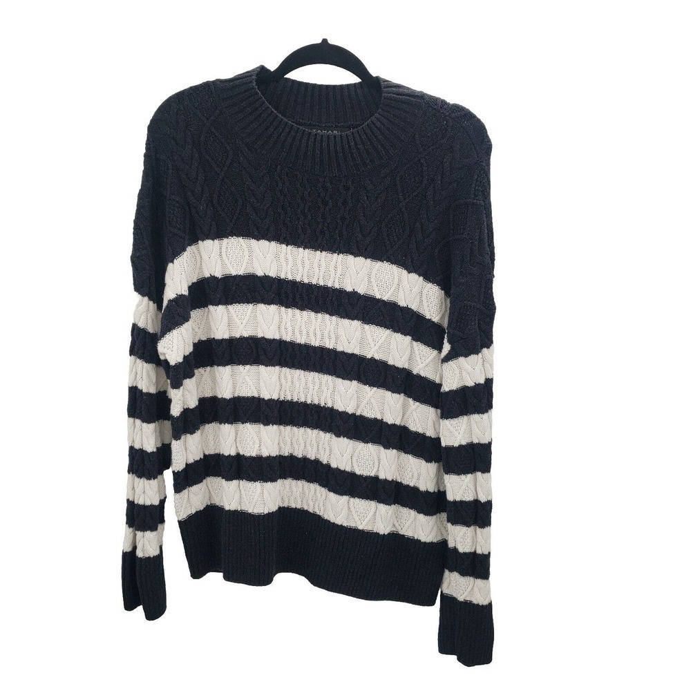 Tahari Striped Cable Knit Sweater Womens XL Charcoal Gray Cream 100% Cotton